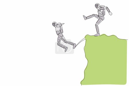 Ilustración de Una sola línea continua dibujando a un joven astronauta lanzar a un colega por el acantilado o la colina. Eliminar compañero de trabajo rival. Rivalidad y competencia. Espacio profundo cosmonauta. Ilustración vectorial de diseño de una línea - Imagen libre de derechos