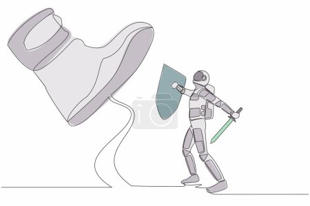 Illustration for Single one line drawing young astronaut fight to giant foot with shield and sword in moon surface. Spaceman against boss big shoe stomp. Cosmic galaxy space. Continuous line design vector illustration - Royalty Free Image