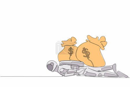 Illustration for Single continuous line drawing young astronaut under heavy money bag burden. Financial crisis in spaceship industry due to pandemic. Cosmonaut deep space. One line design vector graphic illustration - Royalty Free Image