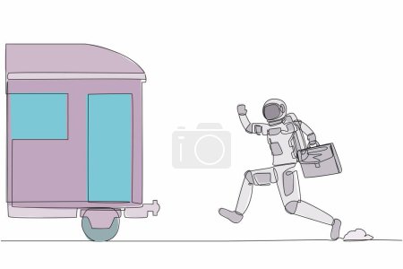 Illustration for Continuous one line drawing of young astronaut run chasing train in moon surface. Transport system in space station. Cosmonaut outer space concept. Single line draw design vector graphic illustration - Royalty Free Image