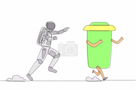 Illustration for Single continuous line drawing young astronaut run chasing paper cup in moon surface. Recycling waste treatment in outer space. Cosmic galaxy space concept. One line graphic design vector illustration - Royalty Free Image