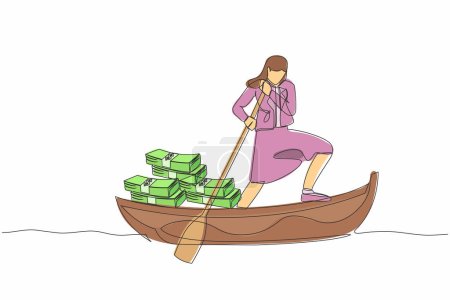 Illustration for Single continuous line drawing businesswoman sailing away on boat with pile of banknote. Escape with money. Financial crime, tax evasion, money laundering. One line graphic design vector illustration - Royalty Free Image
