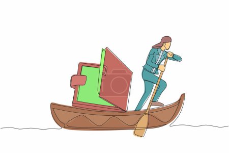 Illustration for Single continuous line drawing smart businesswoman standing in boat and sailing with open wallet. Saving domestic purse budget. Pursue tight daily expenditure. One line draw design vector illustration - Royalty Free Image