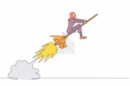 Illustration for Single one line drawing Arab businesswoman riding broomstick rocket flying in sky. Successful business launch. Magical products in market competition. Continuous line draw design vector illustration - Royalty Free Image