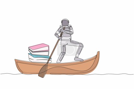 Illustration for Continuous one line drawing young astronaut sailing away on boat with stack of papers. Manage digital document in spaceship company. Cosmonaut outer space. Single line draw design vector illustration - Royalty Free Image