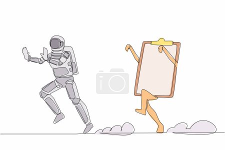 Illustration for Continuous one line drawing young astronaut being chased by clipboard. Hurry in finishing checklist space industry sheets document. Cosmonaut outer space. Single line draw design vector illustration - Royalty Free Image