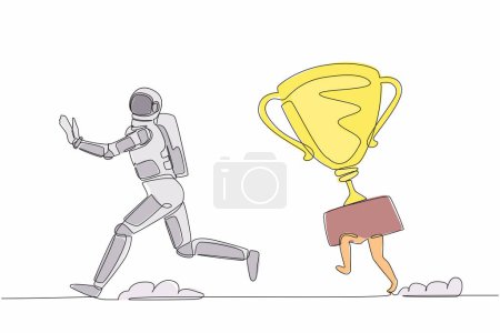 Illustration for Single one line drawing young astronaut being chased by trophy. Confused with spaceship business goals for winning competition. Cosmic galaxy space. Continuous line graphic design vector illustration - Royalty Free Image