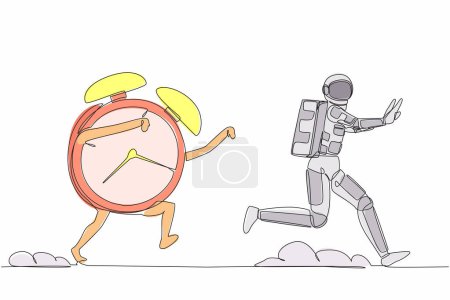 Illustration for Continuous one line drawing astronaut being chased by alarm clock. Hurry in expedition deadline project. Running out of working time. Cosmonaut outer space. Single line draw design vector illustration - Royalty Free Image