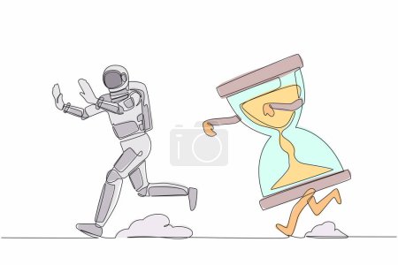 Illustration for Single continuous line drawing of young astronaut being chased by hourglass. Afraid with interstellar expedition deadline, depression. Cosmonaut deep space. One line graphic design vector illustration - Royalty Free Image