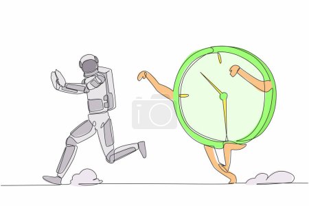 Illustration for Single one line drawing young astronaut being chased by time. Afraid with spaceship exploration project schedule target, productivity. Cosmic galaxy space. Continuous line design vector illustration - Royalty Free Image