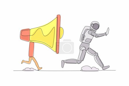 Illustration for Single continuous line drawing young astronaut being chased by megaphone. Spaceman in loud screaming for mass communication in universe. Cosmonaut deep space. One line draw design vector illustration - Royalty Free Image