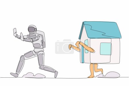Illustration for Single one line drawing young astronaut being chased by house in moon surface. Afraid with increasing housing loan in outer planet. Cosmic galaxy space. Continuous line draw design vector illustration - Royalty Free Image