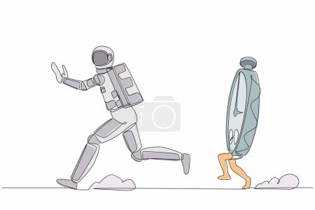 Illustration for Continuous one line drawing young astronaut being chased by stopwatch. Afraid in project spaceship measurement and deadline. Cosmonaut outer space. Single line draw graphic design vector illustration - Royalty Free Image
