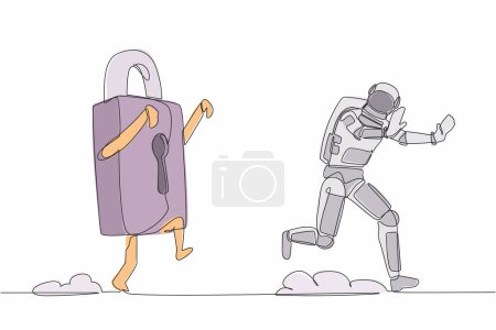 Illustration for Continuous one line drawing young astronaut being chased by padlock. Afraid with spaceship company security or business protection. Cosmonaut outer space. Single line draw design vector illustration - Royalty Free Image