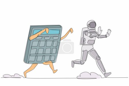 Illustration for Single one line drawing young astronaut being chased by calculator. Difficult in calculations of spaceship expedition business project. Cosmic galaxy space. Continuous line design vector illustration - Royalty Free Image