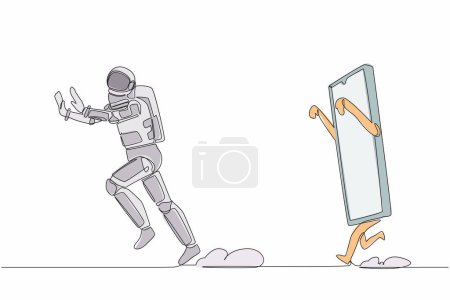 Illustration for Single one line drawing young astronaut being chased by smartphone. Afraid to talk with spaceman in other universe. Cosmic galaxy space concept. Continuous line draw graphic design vector illustration - Royalty Free Image