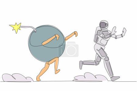 Illustration for Continuous one line drawing young astronaut being chased by bomb. Afraid with galactic destruction. Future spaceship technology. Cosmonaut outer space. Single line graphic design vector illustration - Royalty Free Image