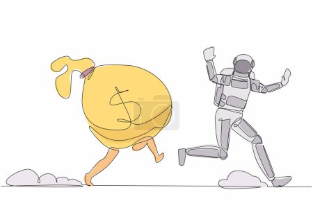 Illustration for Continuous one line drawing of young astronaut being chased by money bag. Hurry in achieving wealth and profit goals in spaceship company. Cosmonaut outer space. Single line design vector illustration - Royalty Free Image