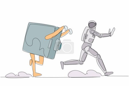 Illustration for Single continuous line drawing astronaut being chased by safe deposit box in moon surface. Financial secure system, banking protection. Cosmonaut deep space. One line draw design vector illustration - Royalty Free Image