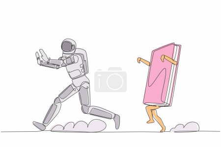 Illustration for Single one line drawing of young astronaut being chased by book. Smart spaceman manual book in spaceship operation. Cosmic galaxy space concept. Continuous line draw graphic design vector illustration - Royalty Free Image