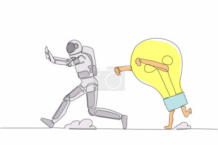 Illustration for Single continuous line drawing astronaut being chased by light bulb. Afraid with innovation expedition idea. Spaceship tech industry. Cosmonaut deep space. One line graphic design vector illustration - Royalty Free Image