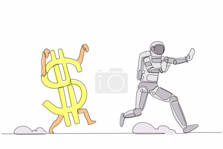 Illustration for Single continuous line drawing astronaut being chased by dollar symbol. Afraid with economic or financial crisis in spaceship company. Cosmonaut deep space. One line graphic design vector illustration - Royalty Free Image