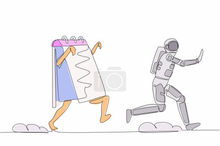 Illustration for Single continuous line drawing young astronaut being chased by calendar. Afraid with spaceship exploration project schedule deadline. Cosmonaut deep space. One line graphic design vector illustration - Royalty Free Image