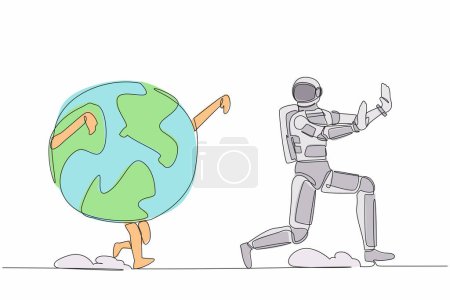 Illustration for Continuous one line drawing young astronaut being chased by globe. Afraid about climate change and ecological destruction on earth. Cosmonaut outer space. Single line draw design vector illustration - Royalty Free Image