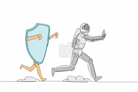 Illustration for Single one line drawing astronaut being chased by shield. Afraid about budget increasing of healthcare insurance for space company. Cosmic galaxy space. Continuous line draw design vector illustration - Royalty Free Image