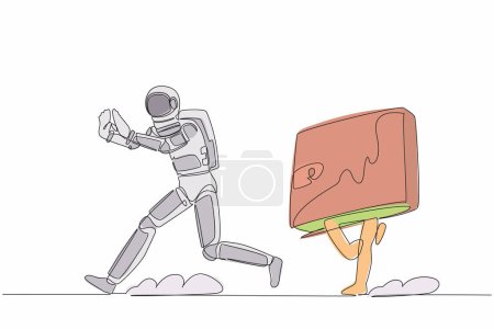 Illustration for Continuous one line drawing astronaut being chased by wallet. Losing money and business profit in spaceship technology industry. Cosmonaut outer space. Single line graphic design vector illustration - Royalty Free Image