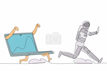 Illustration for Single continuous line drawing astronaut being chased by laptop computer. Spaceman in spaceship expedition deadline of space industry. Cosmonaut deep space. One line graphic design vector illustration - Royalty Free Image