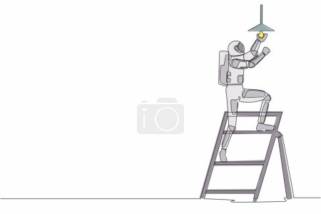 Illustration for Single continuous line drawing young astronaut electrician on ladder change light bulb. Spaceman ability to repair operating system. Cosmonaut deep space. One line graphic design vector illustration - Royalty Free Image