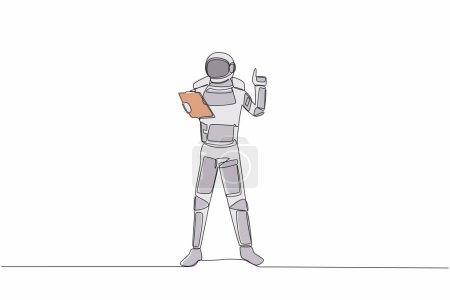 Illustration for Single one line drawing of young astronaut holding clipboard and pointing index finger up in moon surface. Cosmic galaxy space concept. Modern continuous line draw graphic design vector illustration - Royalty Free Image