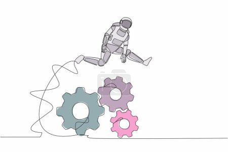 Illustration for Single one line drawing astronaut jumping over big gears. Developing spaceship innovation. Operation expedition management. Cosmic galaxy space. Continuous line draw graphic design vector illustration - Royalty Free Image