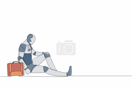 Ilustración de Dibujo continuo de una línea robot deprimido con maletín sentado en la desesperación en el suelo. Expresión de gesto triste. Organismo cibernético humanoide. Futuro robótico. Ilustración vectorial de diseño de línea única - Imagen libre de derechos