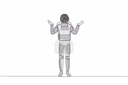 Ilustración de Dibujo de una sola línea continua del joven astronauta con garabatos redondos en lugar de cabeza, de pie con dos manos planteando preguntas. Espacio profundo cosmonauta. ilustración vectorial de diseño gráfico de una línea - Imagen libre de derechos