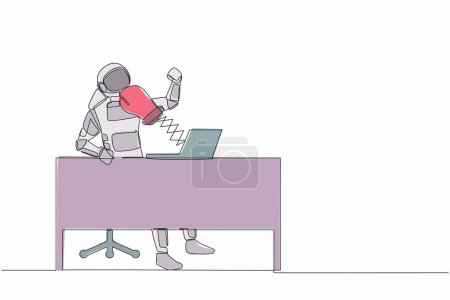 Ilustración de Una sola línea continua dibujando astronauta siendo golpeado por guantes de boxeo de computadora portátil en el escritorio de trabajo. Concepto de ciberacoso. Espacio profundo cosmonauta. ilustración vectorial de diseño gráfico de una línea - Imagen libre de derechos