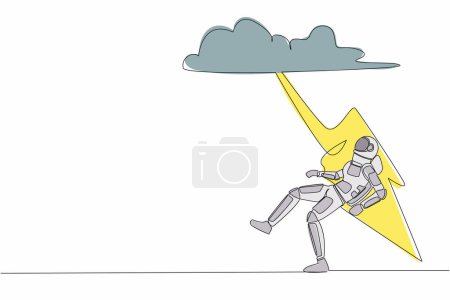 Illustration for Single continuous line drawing young astronaut struck by lightning from dark cloud. Bad luck, misery, disaster in spacewalk discovery. Cosmonaut deep space. One line graphic design vector illustration - Royalty Free Image