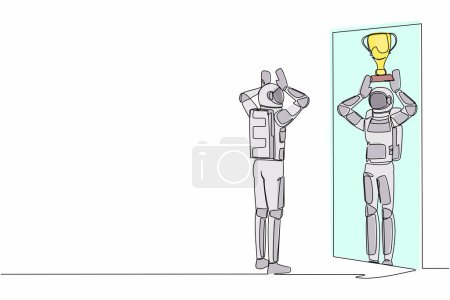 Illustration for Continuous one line drawing astronaut looking himself happy in mirror reflection with lifting up trophy cup. Success in space exploration. Cosmonaut outer space. Single line design vector illustration - Royalty Free Image