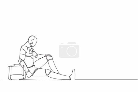 Ilustración de Dibujo continuo de una línea robot deprimido con maletín sentado en la desesperación en el suelo. Expresión de gesto triste. Organismo cibernético humanoide. Futuro robótico. Ilustración vectorial de diseño de línea única - Imagen libre de derechos