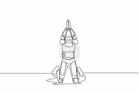 Illustration for Single one line drawing young astronaut kneeling and pray in moon surface. Hoping successful in launching spaceship rocket. Cosmic galaxy space. Continuous line draw graphic design vector illustration - Royalty Free Image