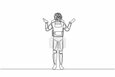 Ilustración de Dibujo de una sola línea continua del joven astronauta con garabatos redondos en lugar de cabeza, de pie con dos manos planteando preguntas. Espacio profundo cosmonauta. ilustración vectorial de diseño gráfico de una línea - Imagen libre de derechos
