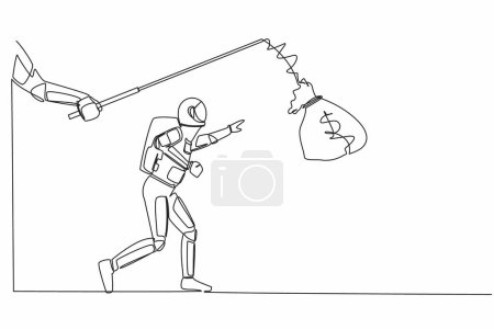 Illustration for Single one line drawing hand with fishing rod and money bag control greedy astronaut. Selfishness to get more bonus from space industry. Cosmic galaxy space. Continuous line design vector illustration - Royalty Free Image
