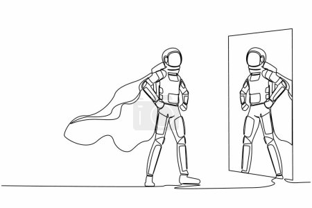 Illustration for Single one line drawing astronaut looking at reflection in mirror and seeing super hero standing. Ambition in galactic journey. Cosmic galaxy space. Continuous line graphic design vector illustration - Royalty Free Image