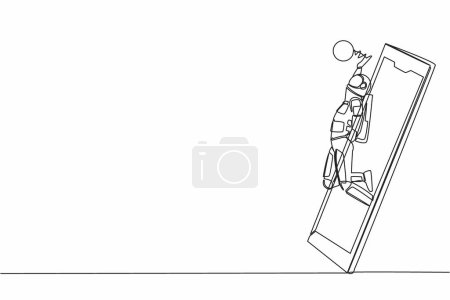 Illustration for Single continuous line drawing of young astronaut volleyball athlete player in action jumping spike getting out of smartphone screen. Cosmonaut deep space. One line graphic design vector illustration - Royalty Free Image