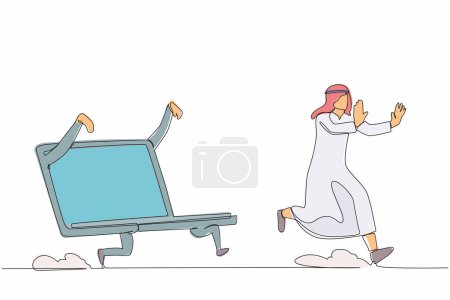 Single continuous line drawing unhappy Arab businessman being chased by laptop. Office worker hurry in office task deadlines. Minimalism metaphor concept. One line graphic design vector illustration