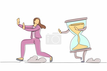 Single continuous line drawing scared businesswoman being chased by hourglass. Female manager exhausted with work deadlines, depression. Minimalism metaphor. One line draw design vector illustration