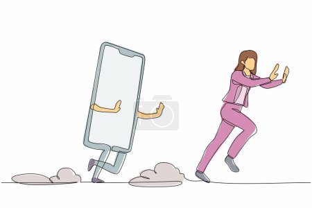 Single one line drawing scared businesswoman being chased by smartphone. Female manager refuse to talk about business project. Minimal metaphor. Continuous line draw design graphic vector illustration