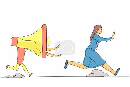 Illustration for Single continuous line drawing scared businesswoman being chased by megaphone. Female employee avoid loud screaming from boss. Minimalism metaphor concept. One line graphic design vector illustration - Royalty Free Image