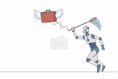 Téléchargez les illustrations : Robot de dessin de ligne continue unique essayer d'attraper mallette volante avec filet papillon. Entreprise de haute performance technologique. Intelligence artificielle robotique. Illustration vectorielle de dessin graphique à une ligne - en licence libre de droit